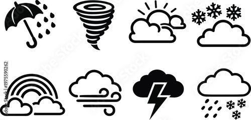 Weather forecast icons set with sun cloud rain storm rainbow snow wind and moon symbols, colorful meteorology climate signs vector collection isolated on transparent background See Less
