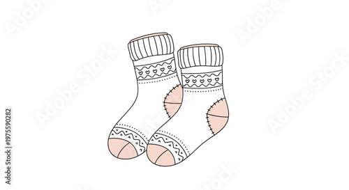 Pair of cozy hand-drawn winter socks with adorable heart patterns and soft pink accents on the heels and toes for a warm indoor feeling.