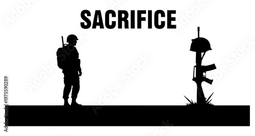 Soldier silhouette stands before a fallen soldier memorial with helmet and rifle