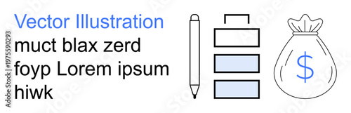 Financial planning, budget management, savings, investment, business strategy, wealth building. ion of a money bag, bar graph and pen icons. Financial planning and savings concept