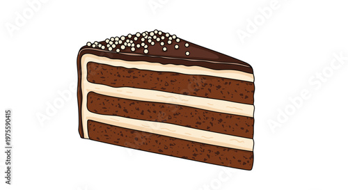 Mouthwatering illustration of a slice of triple layer chocolate cake with creamy white filling and shiny dark chocolate icing on top.