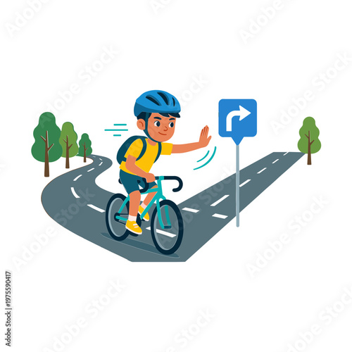 A cyclist wearing a helmet rides a bike and signals to turn on a road with trees.