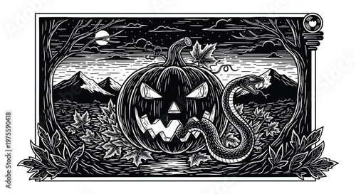 Spooky Halloween engraving-style illustration featuring a fierce jack o lantern with a large snake emerging from its jagged mouth at night.