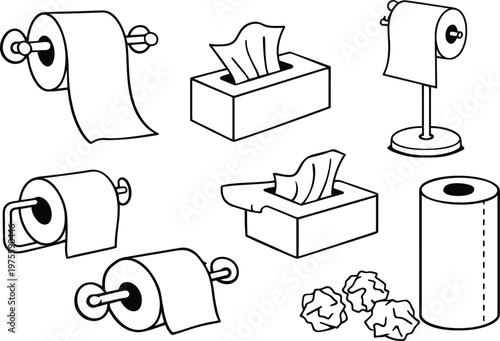 Hand Drawn Bathroom Tissue Roll Icon Set - Doodle Style Toilet Paper and Household Paper Roll Vector
Collection of hand drawn toilet paper and tissue boxes in various styles perfect for illustrating 