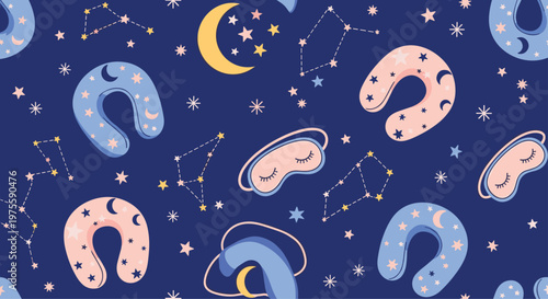 Cozy and comforting seamless travel and sleep pattern featuring soft sleep masks, neck pillows, stars, and moons on a deep navy background.