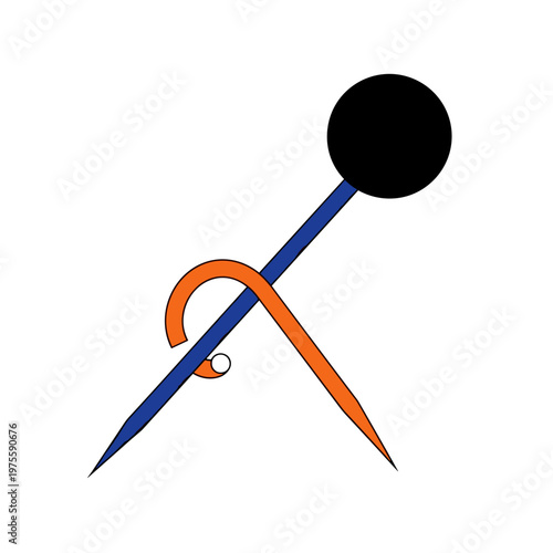 Bent colorful pin with black spherical head isolated on a white background, showcasing a minimalist design with bold colors and sharp lines