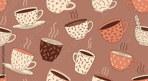 Cozy and inviting seamless pattern featuring diverse patterned coffee and tea mugs with steam rising against a warm cocoa brown backdrop.