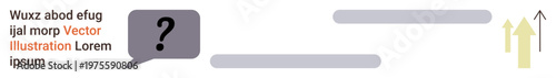 Communication, personal growth, data interpretation, brainstorming, problem-solving, analytics. Speech bubble with question mark near rising arrows and text. Communication and personal growth concept