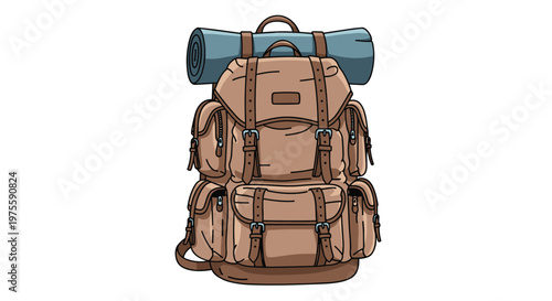 Rugged and practical brown camping backpack with multiple large pockets and a blue sleeping mat securely attached for long outdoor treks.