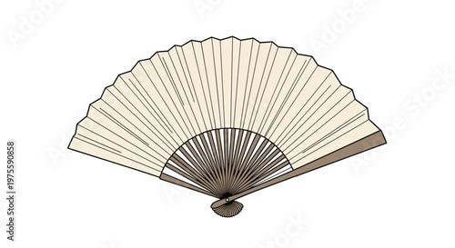 Traditional open beige hand fan with a classic folding structure and delicate ribbing shown in a detailed and elegant vector illustration.