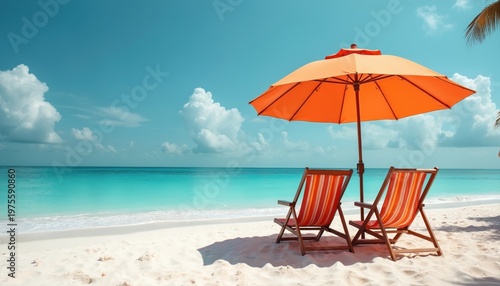 Two empty beach chairs sit under a bright orange umbrella on a sandy shore. The calm turquoise ocean meets a white sand beach under a clear blue sky with fluffy clouds.