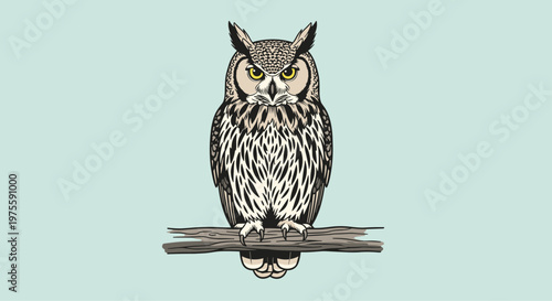 Majestic great horned owl illustration perched firmly on a horizontal branch against a soft light blue background for nature design.