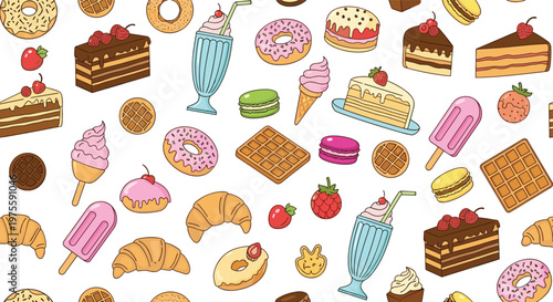 Colorful seamless pattern filled with delicious desserts including donuts cakes milkshakes ice cream cones waffles and macarons.