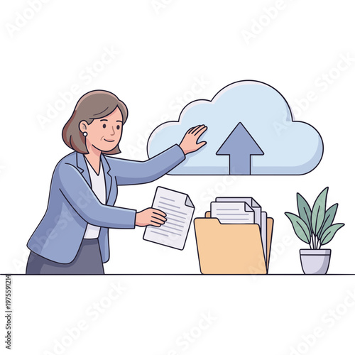 Woman uploads documents from folder to cloud storage service