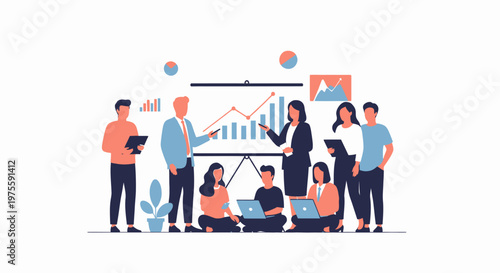 Group of professionals presenting charts and data analysis in a meeting