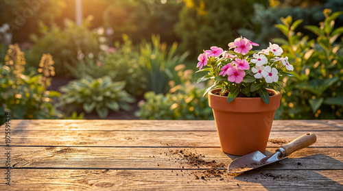 Potted vibrant pink and white blooming flowers sit on a rustic wooden table, bathed in the warm.