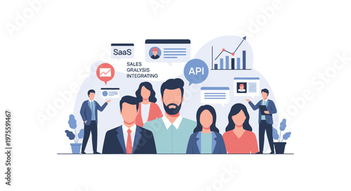 Team of professionals collaborating with data analytics and communication icons