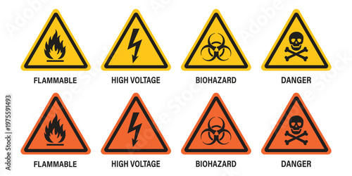 Warning triangular caution shapes signs with various danger symbols: hazard, flammable, electrical, high voltage, biohazard, skull with bone