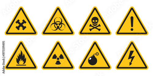 Caution signs set. Warning triangular caution shape signs with various danger symbols. Fire warning, hazard danger, high voltage icon. Attention, risk, flammable, skull, bone vector illustration