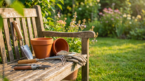 Gardening tools and terracotta pots neatly arranged on a weathered wooden bench in a sunlit garden setting.