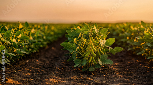 Lush green soybean plants thriving in a vast agricultural field under a warm, golden sunset sky at harvest time.