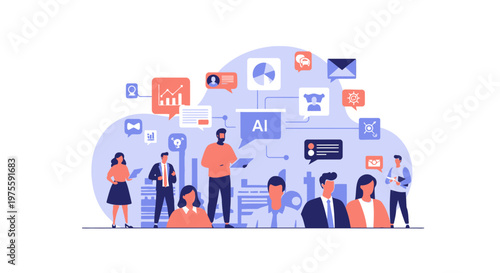 Team of professionals and AI icons in a futuristic desk control scene