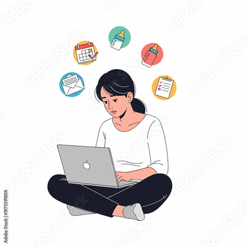 Stressed mother multitasking with laptop and chores, flat vector illustration on white background