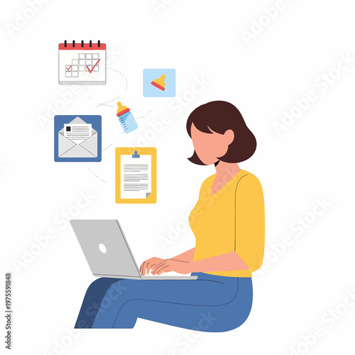 Modern Working Mother Balancing Career and Parenting Tasks on Laptop Flat Vector Illustration