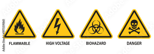 Caution signs set. Warning triangular caution shape signs with various danger symbols. Fire warning, hazard danger, high voltage icon. Attention, risk, flammable, skull, bone vector illustration