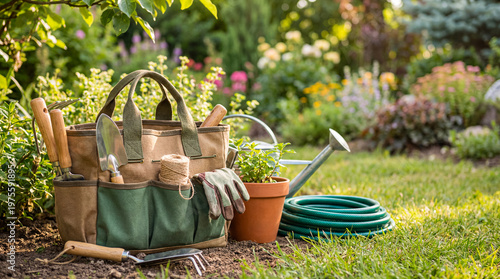Gardening tools, hose, and a potted plant neatly arranged on lush green grass in a sunlit garden.