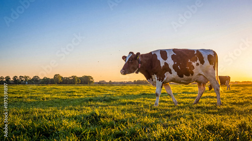Fotografía Brown and white dairy cow gracefully walking through a sun-kissed green pasture during a beautiful golden sunset