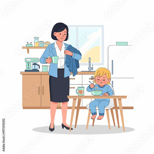 Modern professional mother preparing for work while child eats breakfast in kitchen vector illustration