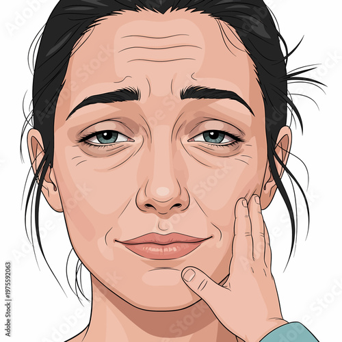 Tired exhausted mother looking worn out on white background, detailed modern digital vector illustration