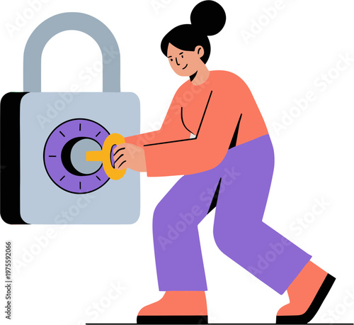 Woman turning dial on large padlock in dynamic motion indoors