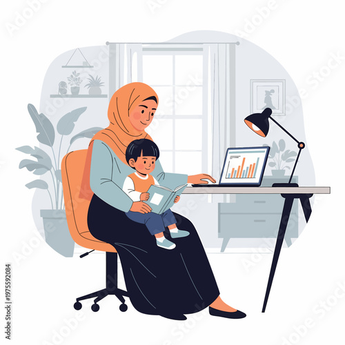 Muslim mother working and multitasking with child in home office, flat vector illustration