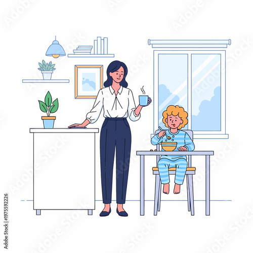 Professional working mother preparing for day in modern kitchen with child, vector line art illustration