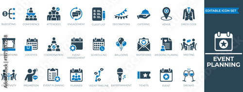 Event planning solid icon set. Containing engagement, meeting, planning, budgeting, coordination, registration, entertainment, catering, and invitations symbol. Vector illustration