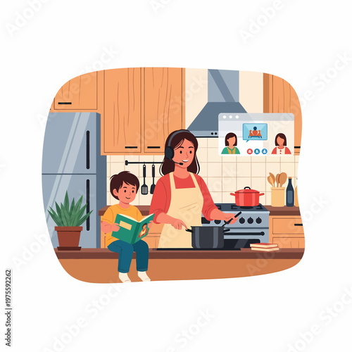 Multitasking working mother cooking and attending virtual meeting in kitchen vector illustration