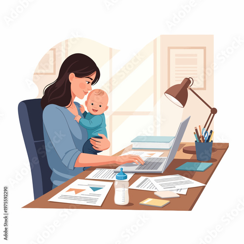 Young mother holding her baby while working on a laptop in a home office vector illustration