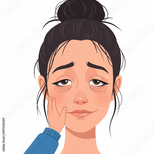 Tired Mother Smiling as Child Touches Face on White Background High Quality Vector Illustration