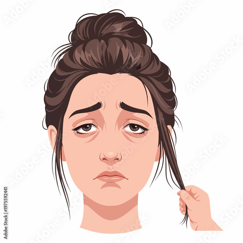 Tired exhausted mother feeling stressed with child pulling hair, clean vector illustration.