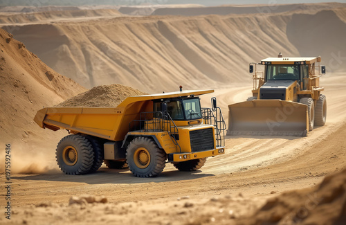 Heavy yellow dump truck loaded with sand moves on dusty construction site. Bulldozer levels ground in background. Industrial quarry operation.