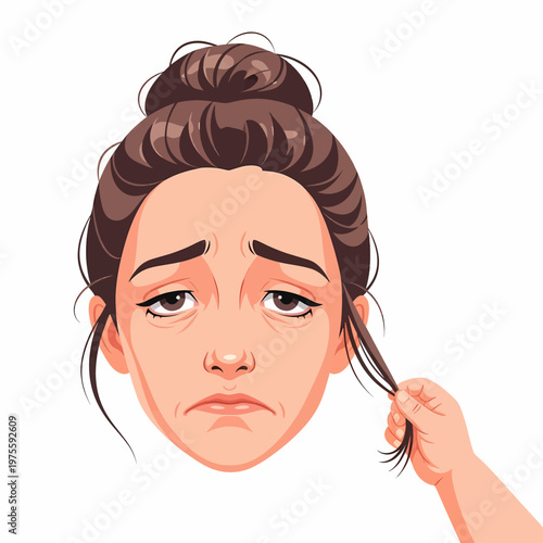 Exhausted mother looking tired as baby pulls hair on white background vector illustration