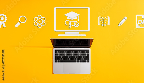 Online education concept with graduation and curriculum vitae icons