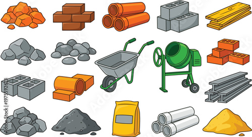 Set of construction materials and site equipment, bricks pipes and tools, flat vector illustration on white background.
