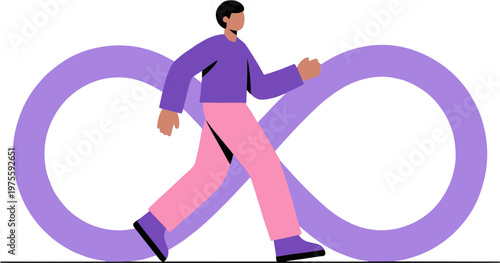 A person runs alongside a large purple infinity symbol outdoors.