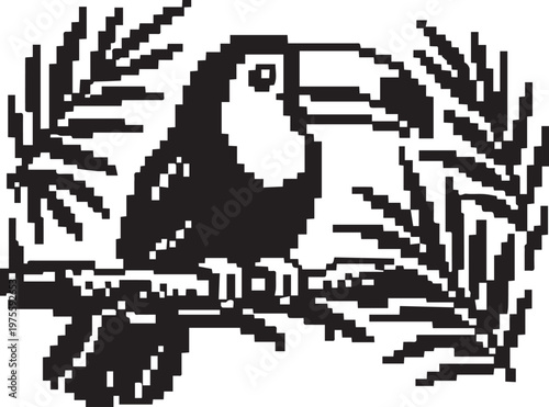 pixel art toucan tropical bird retro black and white vector illustration