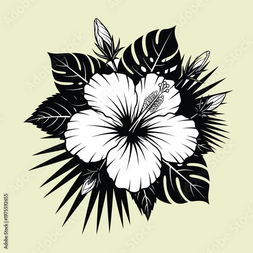 Billede på lærred A geometric, abstract vector black and white interpretation of a tropical floral composition 2
