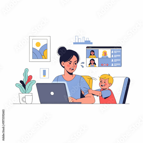 Working mother feeling stressed during video call with child at home, flat vector illustration