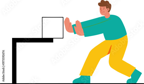 Man pushing box up a stairway with effort and determination indoors.